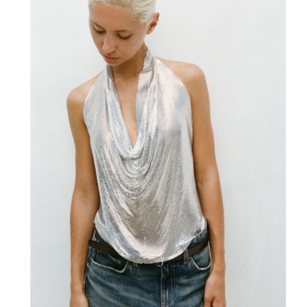 Zara metallic halter top NWT chainmail silver top party outfit sold out Tik